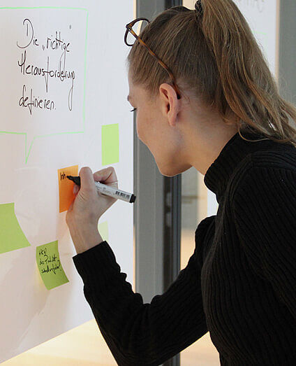 Design Sprint Teilnehmerin beschriftet Post Its an einem Whiteboard