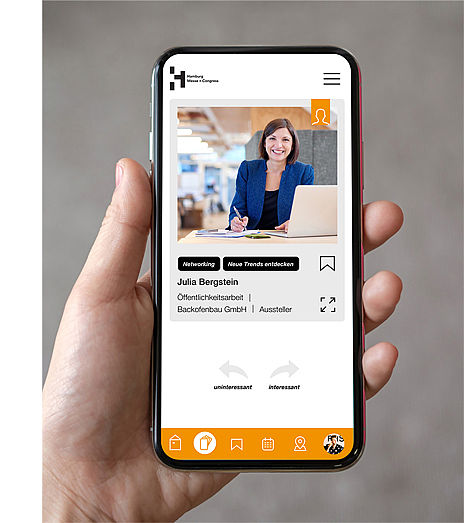 Prototyp-Ansicht: Profil einer Messeteilnehmerin, bei Interesse zum Austausch Möglichkeit nach rechts zu wischen, sonst links.