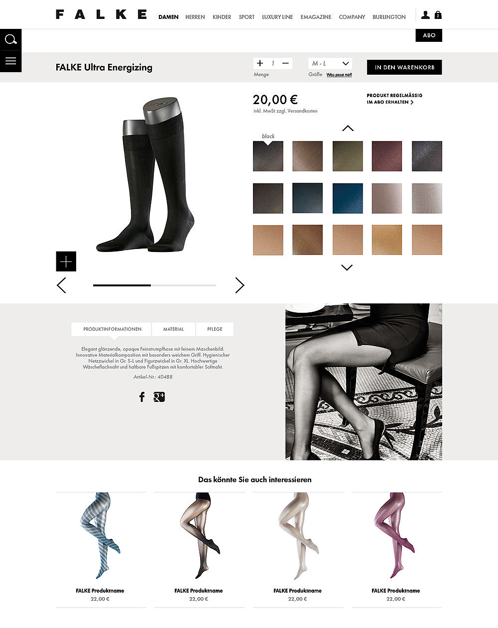 Produktdetailseite mit plakativer Farbauswahl, Produktinformationen und Produktvorschlägen