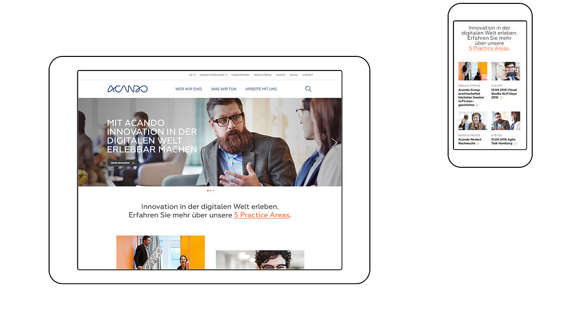 Startseite der Corporate Website von Acando mit großem Einstiegsbild