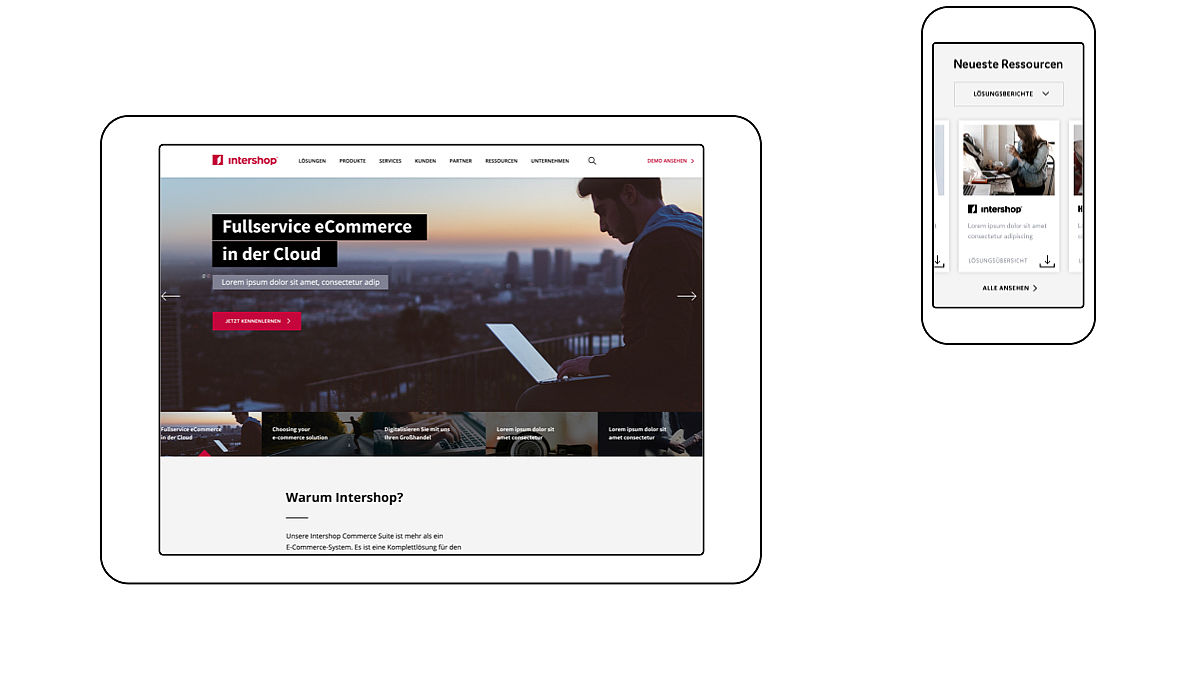 Startseite der Corporate Website von Intershop mit großem Einstiegsbild