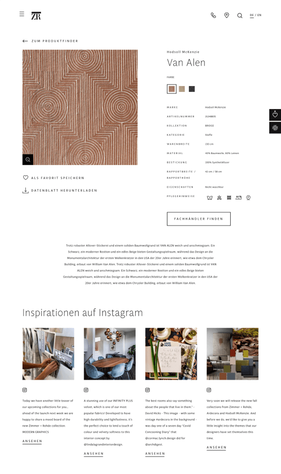 Produktdetailseite mit Produktbild, Produktinformationen und Inspirationen von Instagram.