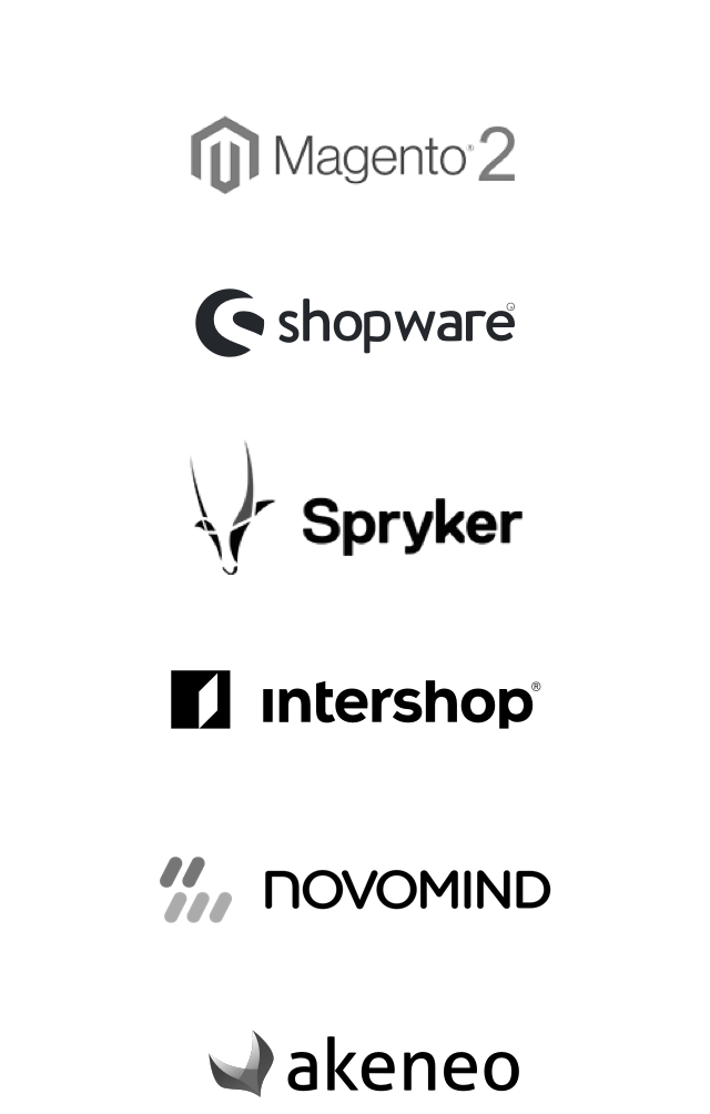 Logos der eCommerce-Systeme: Shopware, Magento2, Spryker, Intershop, Novomind und Akeneo