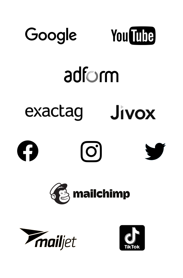 Logos unserer verwendeten Marketing Tools: Google, Adform, YouTube, Jivox, Exactag, Facebook, Instagram, Twitter, Mailchimp, TikTok und Mailjet