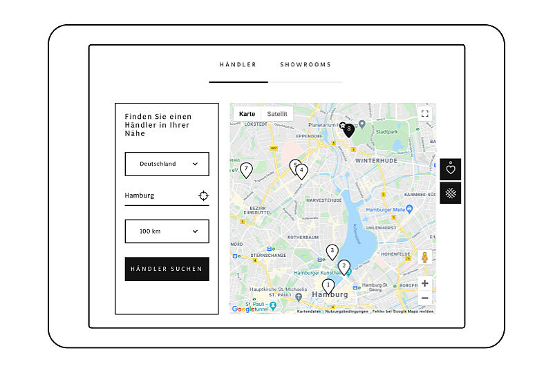 Händlersuche-Modul mit großer Karte und Suchfeldern für Ort und Umkreis