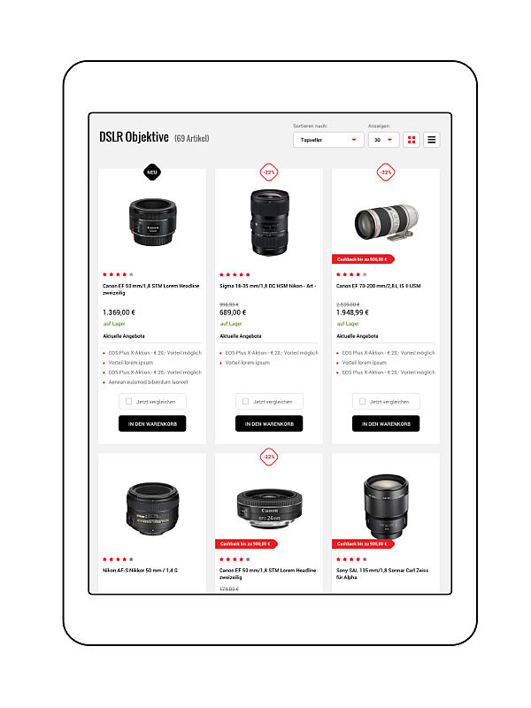 Liste mit DSLR Kameraobjektiven