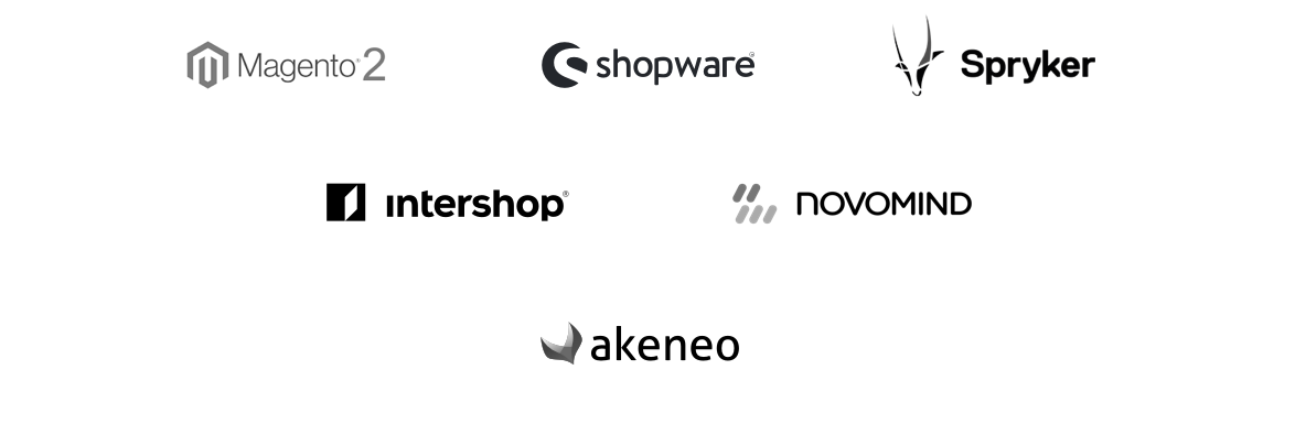 Logos der eCommerce-Systeme: Shopware, Magento2, Spryker, Intershop, Novomind und Akeneo