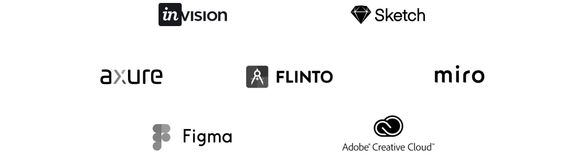 Logos unserer UX-Tools: InVision, Sketch, Figma, Axure, Flinto, Miro und Adobe Creative Cloud