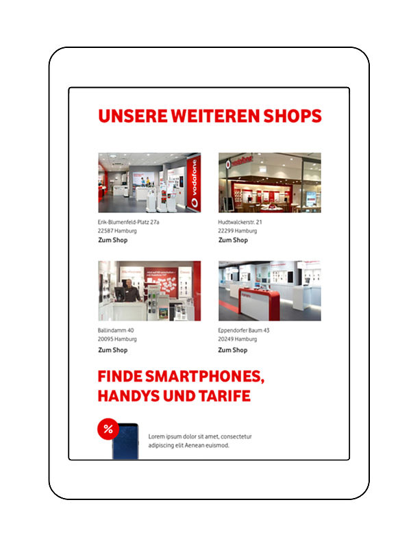 Vodafone Toolbox Filialüberischt mit Fotos und Anschrift der Filialen