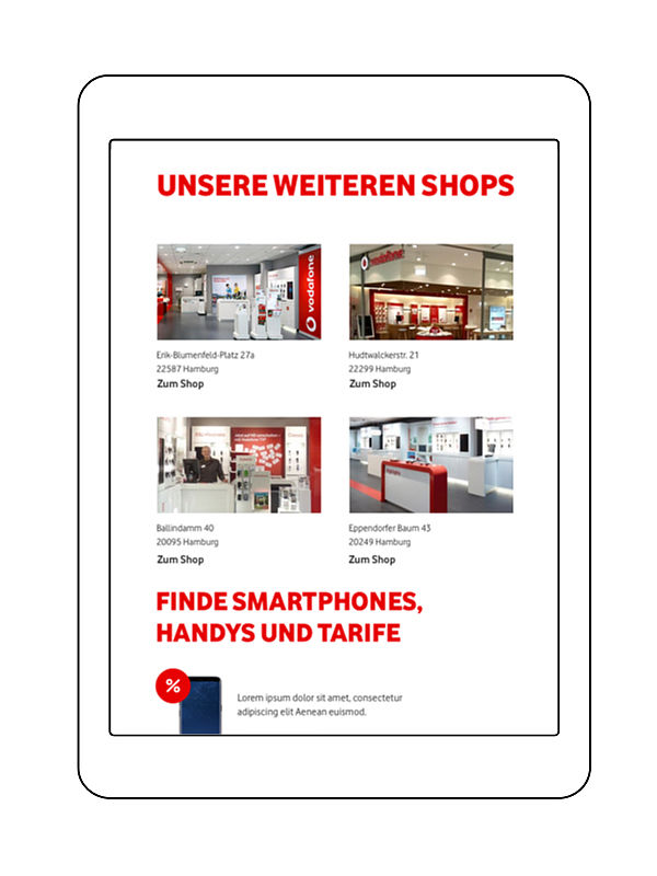 Vodafone Toolbox Redaktionssystem Vodafone Toolbox Filialüberischt mit Fotos und Anschrift der Filialen