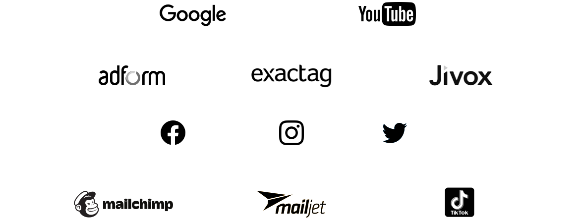 Logos unserer verwendeten Marketing Tools: Google, Adform, YouTube, Jivox, Exactag, Facebook, Instagram, Twitter, Mailchimp, TikTok und Mailjet