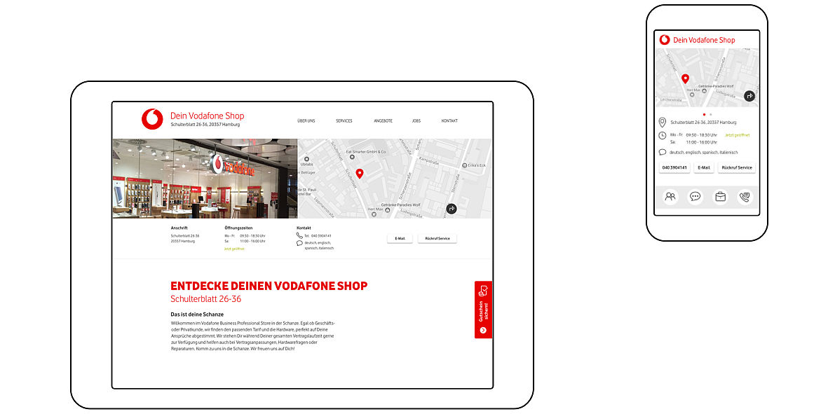 Vodafone Filialfinder-Seite mit interaktiver Karte und Kontaktinformationen